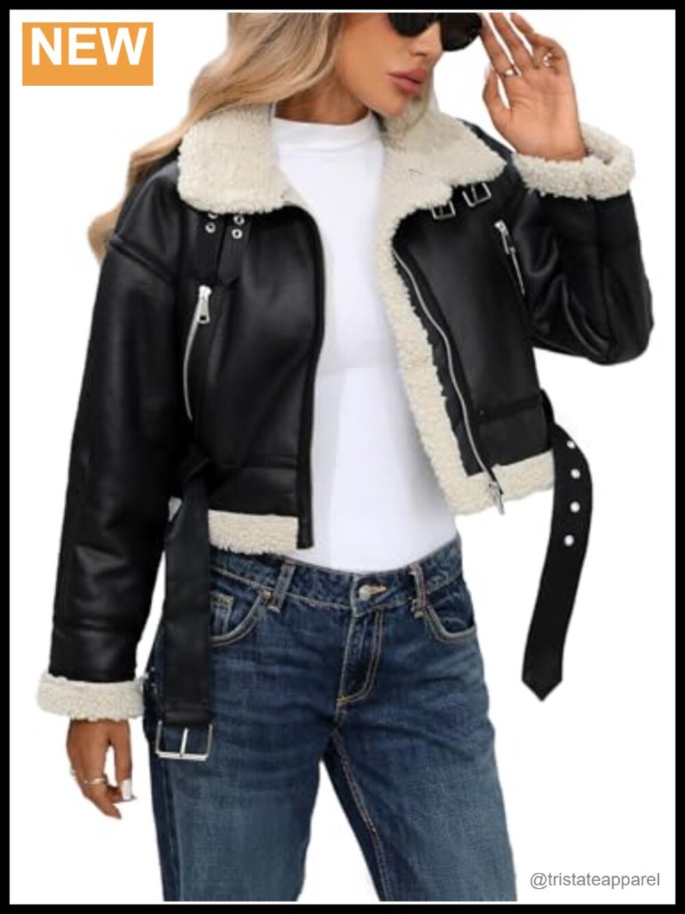 Women Faux Leather Aviator Bomber Jacket Cropped Zip Up Furry Collar Winter
